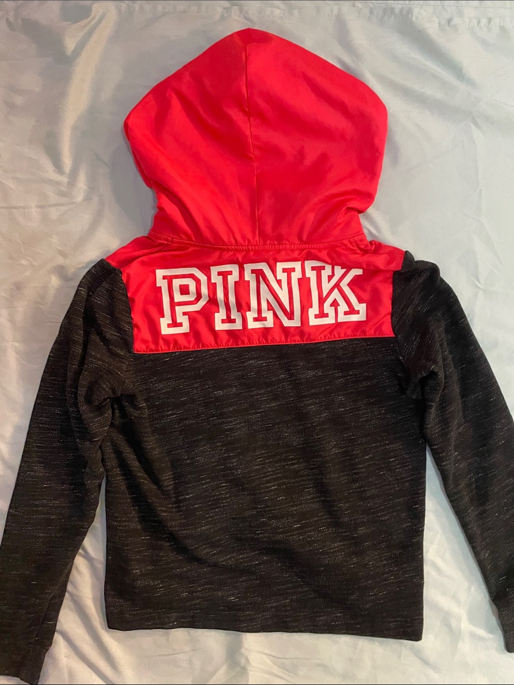 PINK Victoria's Secret Black Heather Pullover Hoodie with Bright Pink Panels - Picture 5 of 7